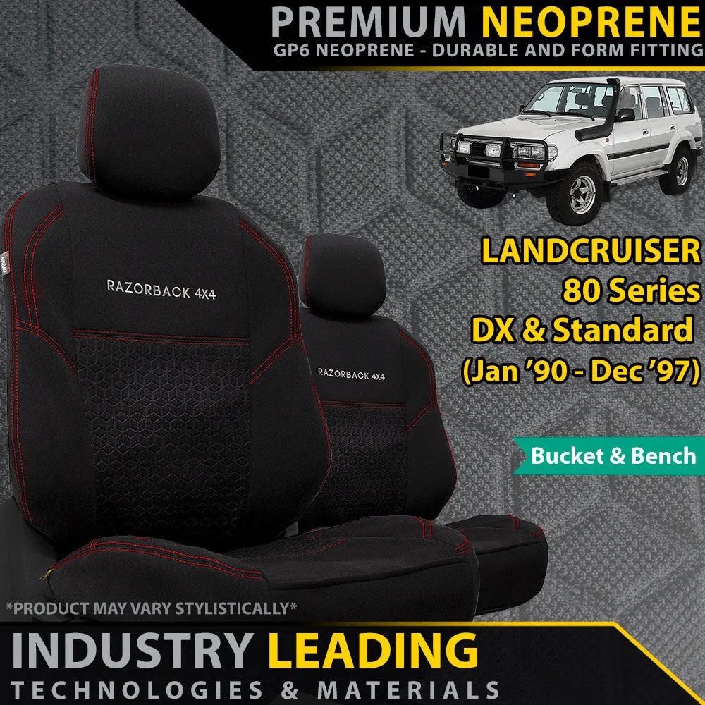 Razorback 4x4 - Toyota Landcruiser 80 Series - DX & Standard - Bucket & 3/4 Bench Seats - GP6 Premium Neoprene Front Seat Covers (Made To Order)