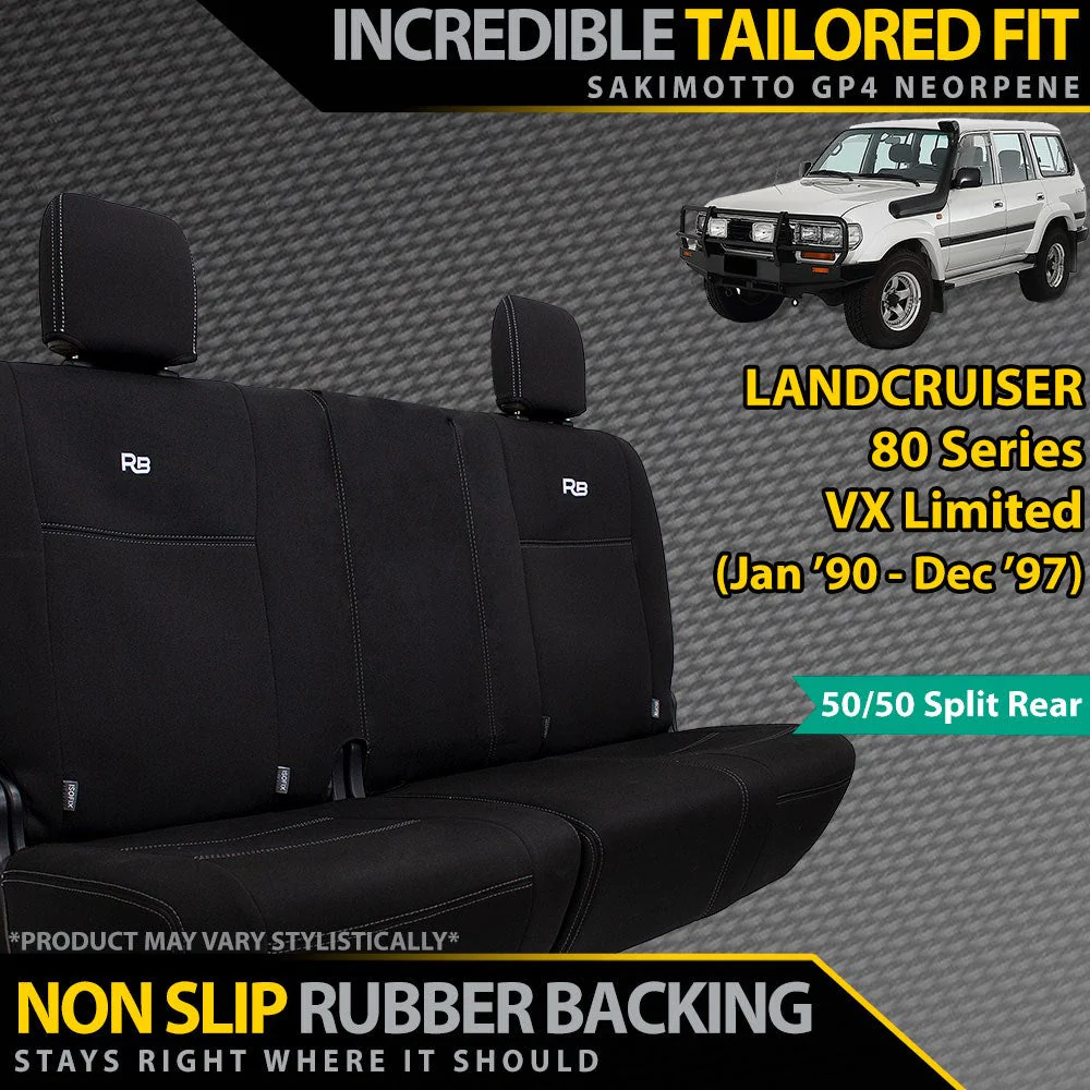 Razorback 4x4 - Toyota Landcruiser 80 Series - VX Limited - GP4 Neoprene 2nd Row Seat Covers - 50/50 Split w/Armrest (Made to Order)